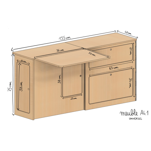 Meuble cuisine latéral avec table Simple Vans | Kit aménagement bois van en et fourgon | dimensions complètes