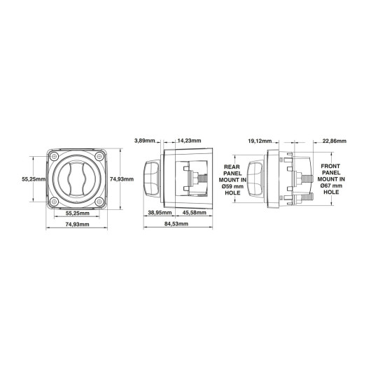 Coupe circuit TREM Mini 300A quadripolaire ON-OFF 2 circuits  - Distribution & protection de l'électricité - dimensions