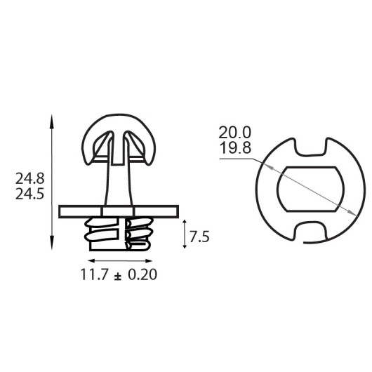 Clip mâle PC-M2H Standard FASTMOUNT - clips pour fixation panneau bois en van, fourgon aménagé ou bateau - dimensions