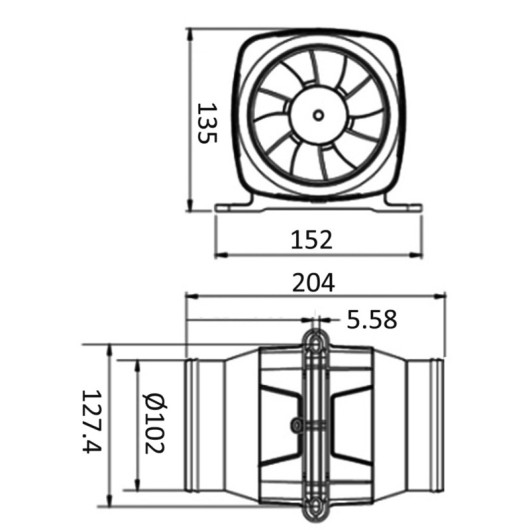Aspirateur/ventilateur axial Hyperflow OSCULATI 7,6 m3 pour cale de bateau - Dimensions