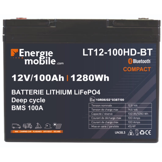 Batterie lithium pas chère et haut de gamme 100 Ah pour van, bateau et camping-car. Vue de face