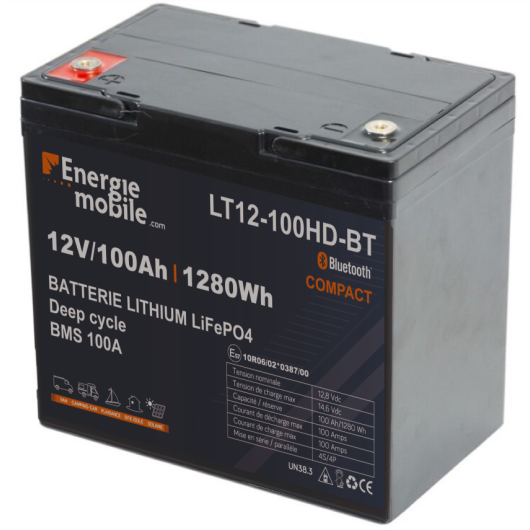 Batterie lithium pas chère et haut de gamme 100 Ah pour van, bateau et camping-car. Vu du profil droit