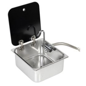 Evier inox CARBEST avec couvercle et robinet 322 x 352 mm pour van aménagé - couvercle verre trempé