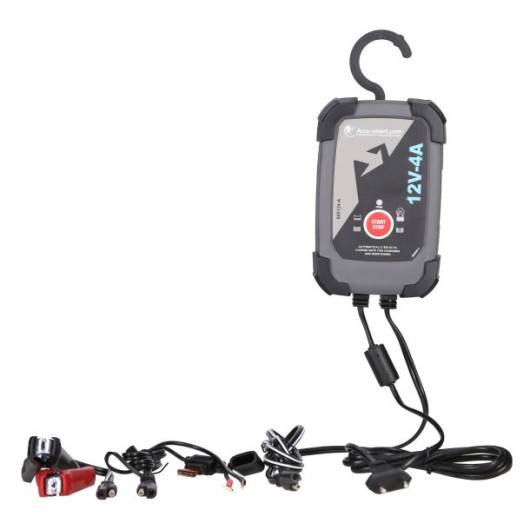 Chargeur de batterie étanche 12 V / 4 A vue de face avec son crochet de suspension.