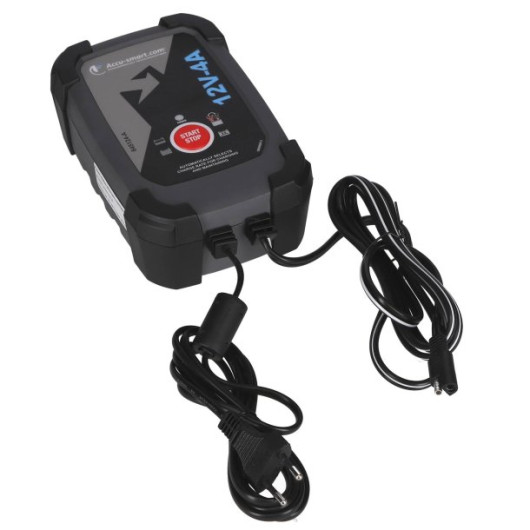 Chargeur de batterie étanche 12 V / 4 A vue profile avec câbles de connexion.