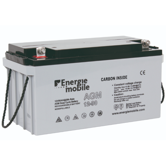 ENERGIE MOBILE Batterie AGM plomb carbone 12V 90AH bateau et camping-car. Vue de côté.