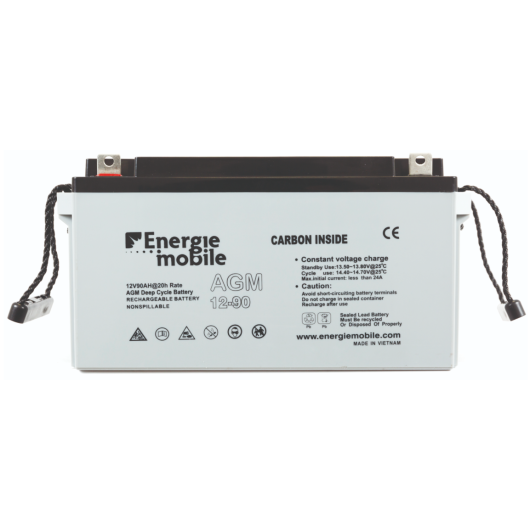 ENERGIE MOBILE Batterie AGM plomb carbone 12V 90AH bateau et camping-car. Vue de face.