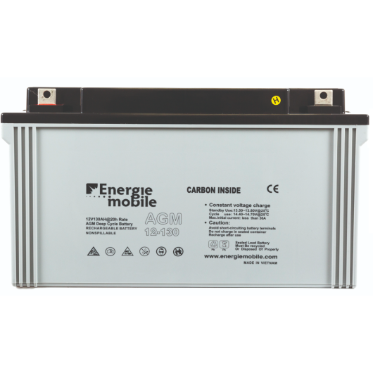 Batterie energie mobile AGM plomb carbone 12V 130 Ah. VUE DE FASSE