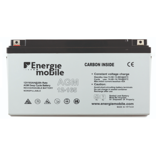 Batterie AGM 12-165 Ah technologie plomb carbone ENERGIE MOBILE pour bateau et camping-car, vue de face.