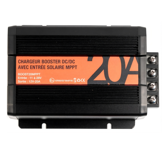 BOOST 20 MPPT ENERGIE MOBILE, chargeur DC-DC, van, bateau et camping-car avec entrée solaire vue du dessus.