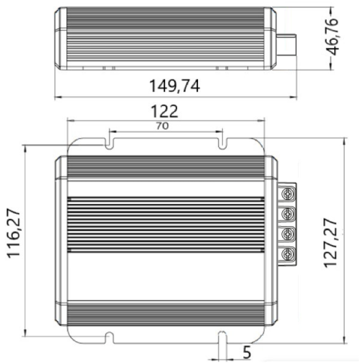 BOOST 20 MPPT ENERGIE MOBILE, chargeur DC-DC, van, bateau et camping-car avec entrée solaire, schéma des dimensions.