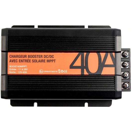 BOOST 40 MPPT ENERGIE MOBILE, chargeur DC-DC, van, bateau et camping-car avec entrée solaire vue du dessus.