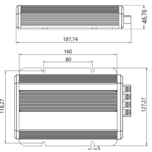 BOOST 40 MPPT ENERGIE MOBILE, chargeur DC-DC, van, bateau et camping-car avec entrée solaire, schéma des dimensions.