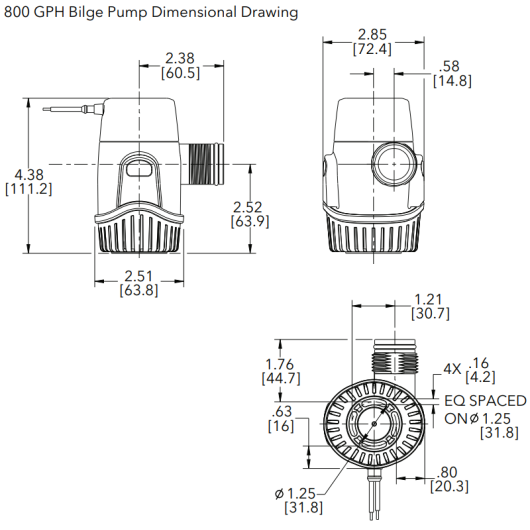 20DA RULE 800 pompe de cale immergée 12V pour bateau sortie 19 mm. dessins technique.