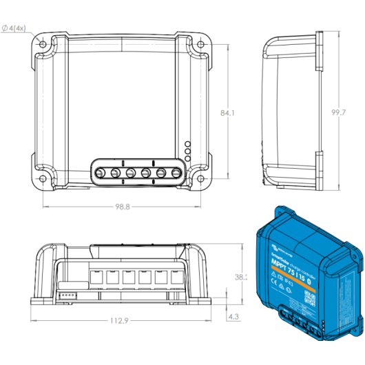 VICTRON Régulateur Blue Solar MPPT 75/15, pour batterie et panneau solaire, schéma des dimensions en mm