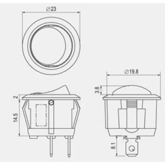 AIRPAX Interrupteur encastré 10A schéma des dimensions.