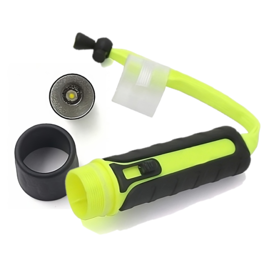 TREM Lampe torche étanche à 100 m, 3 W led pour bateau et aventure extrême, vu du dessus avec interrupteur et optique démonté.