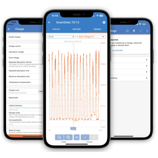 VICTRON Régulateur de charge solaire SmartSolar 75 / 15, capture d'écrant d'un téléphone avec application VICTRONConnect.