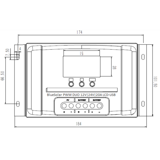 Régulateur de charge double sortie batterie auxiliaire et batterie moteur, VICTRON BlueSolar 12-24V-20A, schéma des dimensions