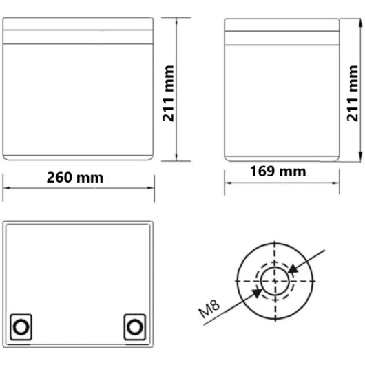 Batterie lithium pas chère et haut de gamme 100 Ah pour van, bateau et camping-car. Schéma des dimensions