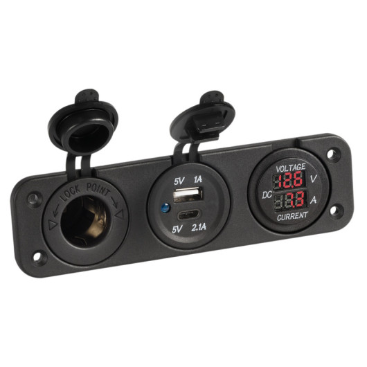 TREM Voltmètre/Ampèremètre + prise allume-cigare et USB-A + USB-C
