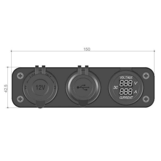 TREM Voltmètre/Ampèremètre + prise allume-cigare et USB-A + USB-C