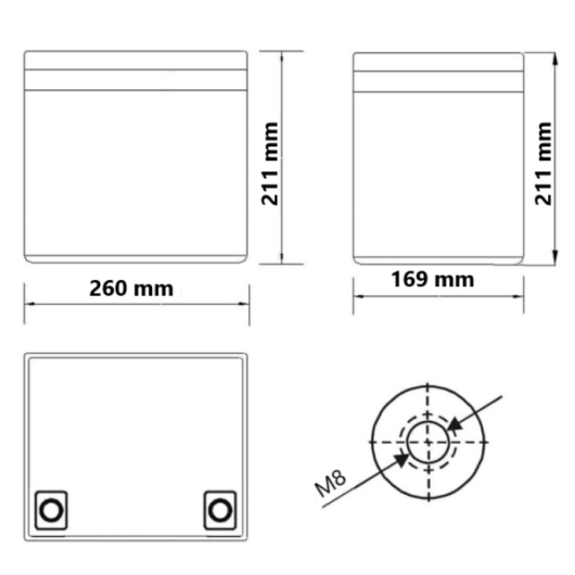 Batterie lithium 100 Ah 12V haut de gamme pour bateau et van aménagé - schéma avec dimensions