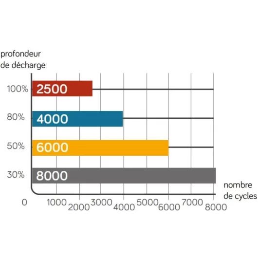 Energie Mobile Batterie Lithium LTPRO12-100 Ah HD-P-BT, vu graphique des cycles de vie