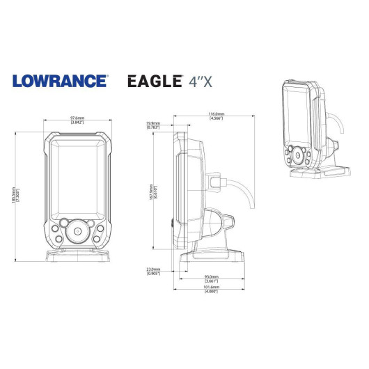 Dimensions de l'Eagle 4X et sonde Bullet 200KHz LOWRANCE - Sondeur Ecran Couleurs - Vue 3/4 face droite