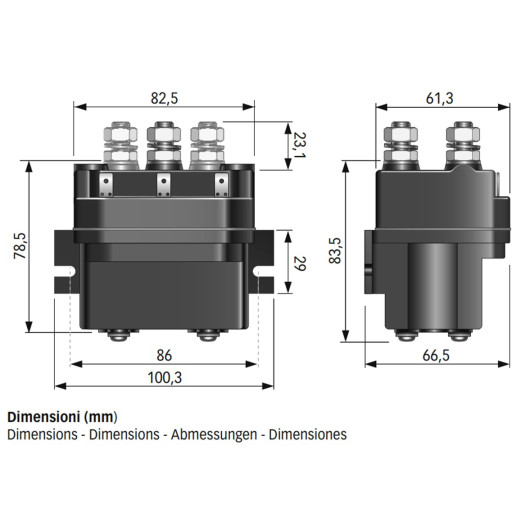 Relais 24 V 3500 W Quick | Relais montée/descente 3 pôles de guindeau 24V de bateau | dimensions