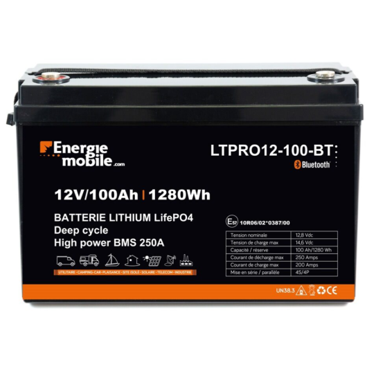 Batterie lithium 100Ahen 12V idéal solaire, professionnel, bateau, van aménagé et camping-car. Vue de face