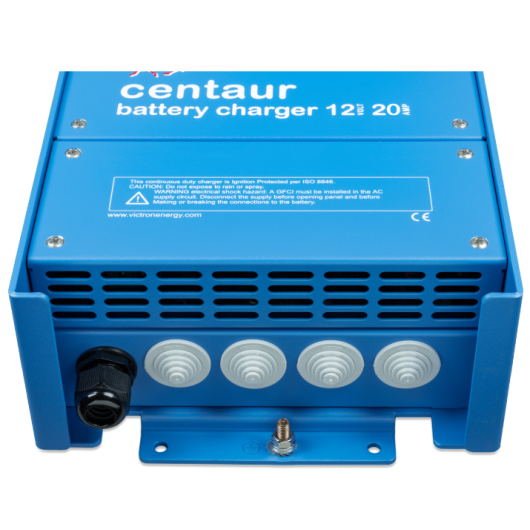 VICTRON Centaur 12/20, Chargeur de batterie 12V - 3 sorties, vue entrées, câbles de connexion.