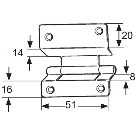 Charnière anglaise à déport 51 x 57 mm Decmo | charnière de porte en acier pour camping-car et van | dimensions