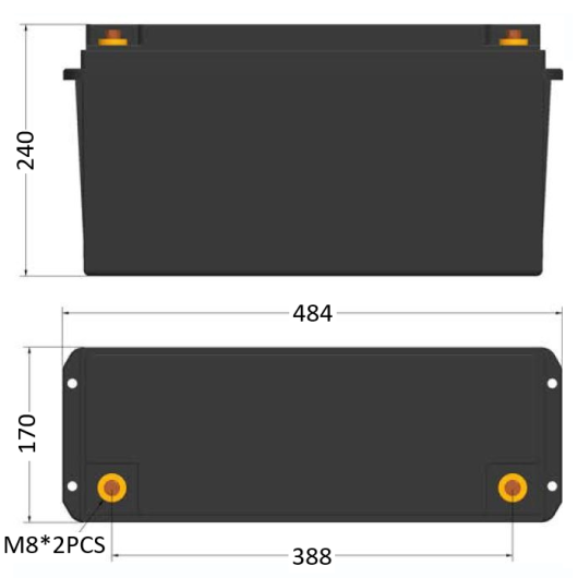 Batterie lithium haute qualité pas chère, capacité 200 Ah pour bateau, van et camping-car. Schéma dimensions