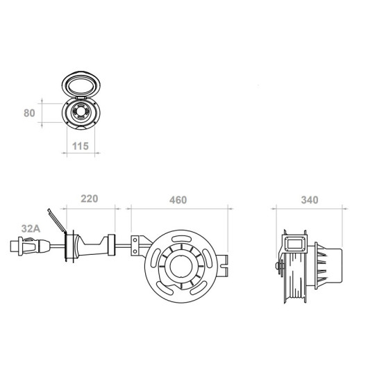 Cable d'alimentation Cruiser 3P sur enrouleur Osculati | Prise & rallonge 230V | Dimensions