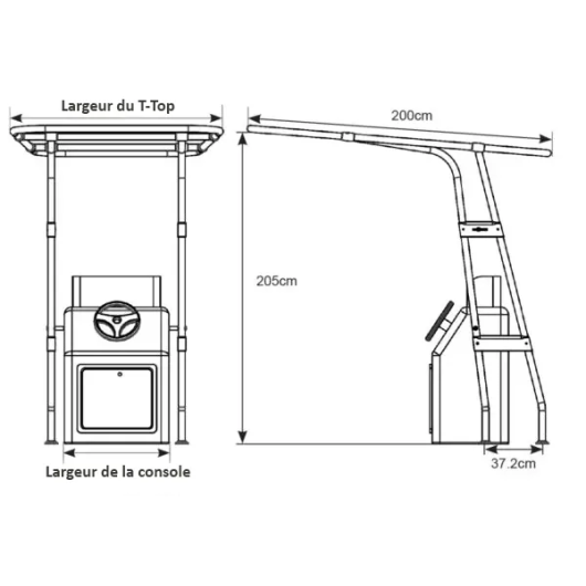T-Top professionnel OCEANSOUTH aluminium | Roll-bar, T-top, anneau de traction & arceau | Dimensions