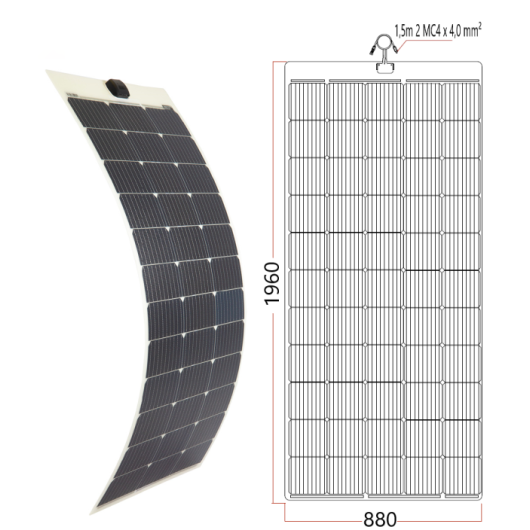 Très grand panneau solaire souple ÉNERGIE MOBILE 350 W PERC pour van et bateau : schéma dimension