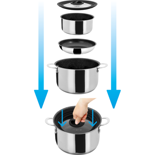 Popote poêle et casseroles Brunner inox Academy NG | batterie de cuisine pour camping-car, bateau | ustensiles empilables