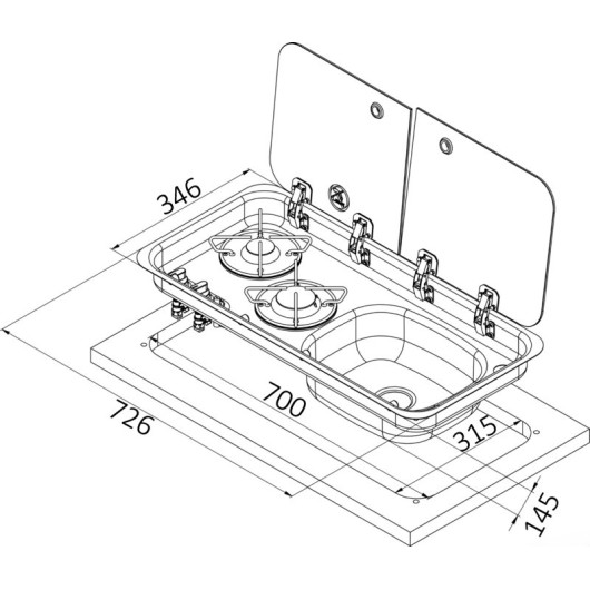 Combiné 2 feux + évier | Équipement de cuisson pour camping-car et bateau | schéma