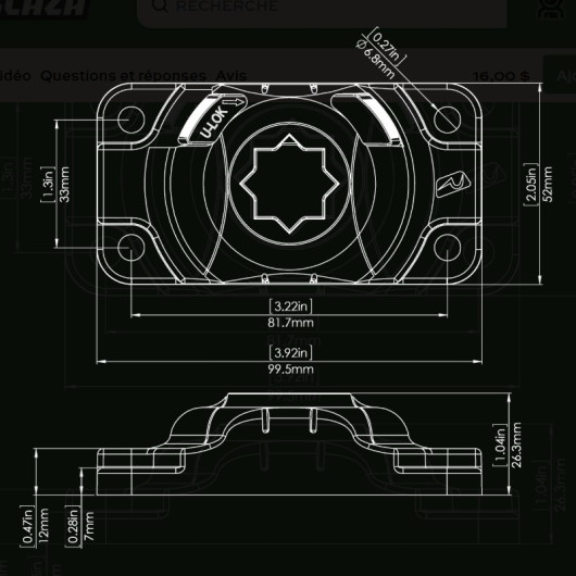 Base StarPort HD RAILBLAZA | Rangement cockpit | Dimensions