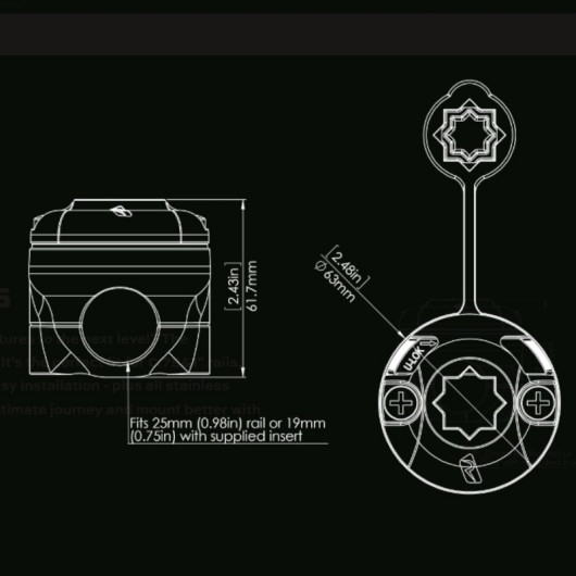 Support tube RailMount 19-25 RAILBLAZA + Base StarPort | Rangement cockpit | Dimensions