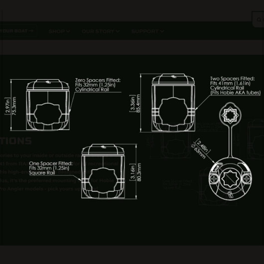 Support tube RailMount 32-41 RAILBLAZA + Base StarPort | Rangement cockpit | Dimensions