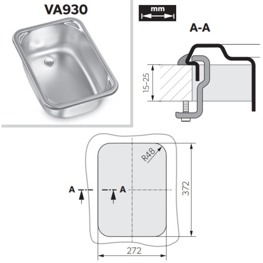 VA 930 Dometic | Evier en acier inox 380x280 mm pour van, camping-car et bateau | montage
