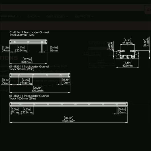 Rail Gunnel track TracLoader Railblaza | Rangement cockpit | Dimensions