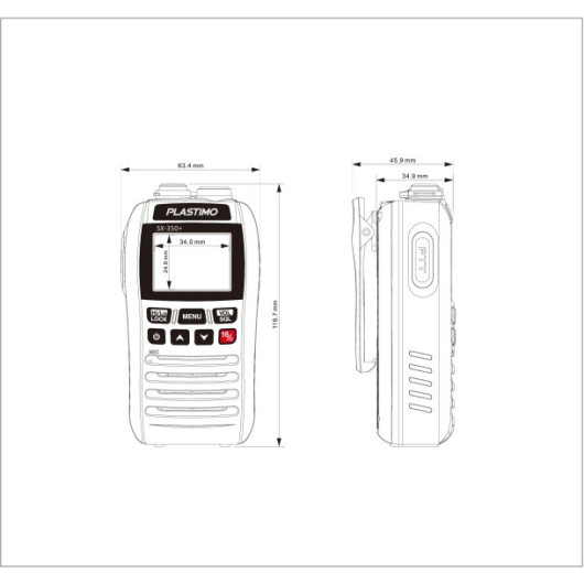 Plastimo SX 350+ | VHF portable de bateau étanche & flottante | dimensions