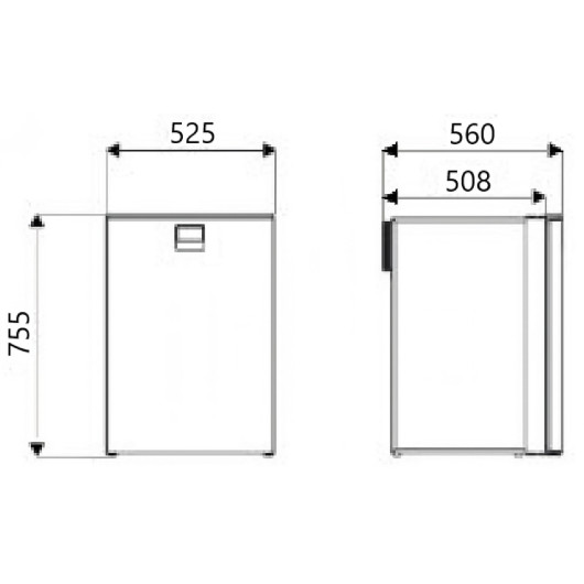 Elite EL130 OFF - réfrigérateur 130 L à compression 12/24V porte inox pour camping-car & bateau : schéma de dimension.