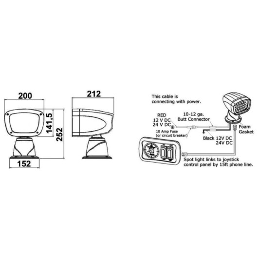 Projecteur électrique LED avec joystick Osculati | Projecteur de route | dimensions et schéma