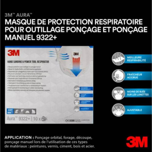 Boîte de 10 masques 3M 9322+ classe FFP2 | Protection respiratoire | Avantages protection respiratoire