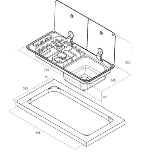 Combiné Can évier et 2 feux | Combiné plan de cuisson et évier | Dimensions FL1401