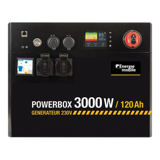 ENERGIE MOBILE POWERBOX, 3000 W / 120 Ah, la batterie lithium portable autonome, pour extérieur, van et bateau : vue de face